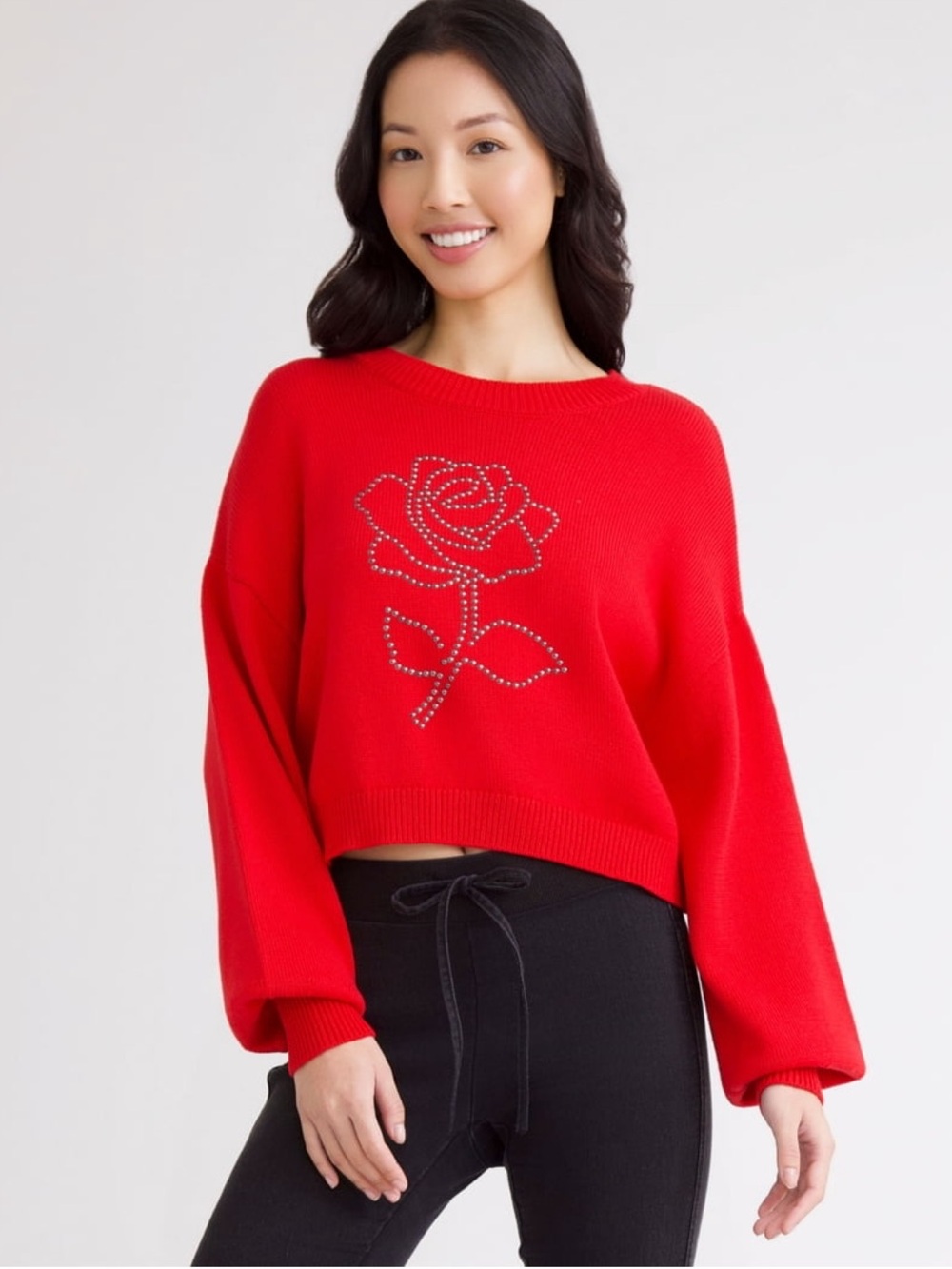 Madden NYC Red Rose Studded Cropped Sweater - Women
